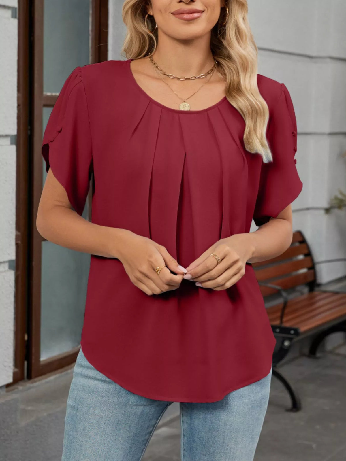 Elegant Pleated Flowy Short Sleeve Blouse