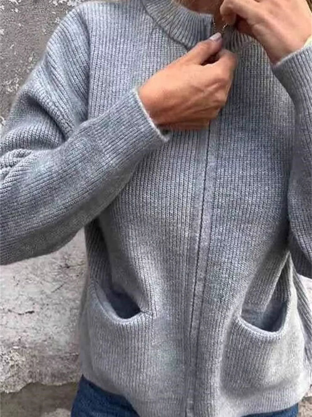 Full Size Zip Up Ribbed Knit Cardigan with Front Pockets Plus Size