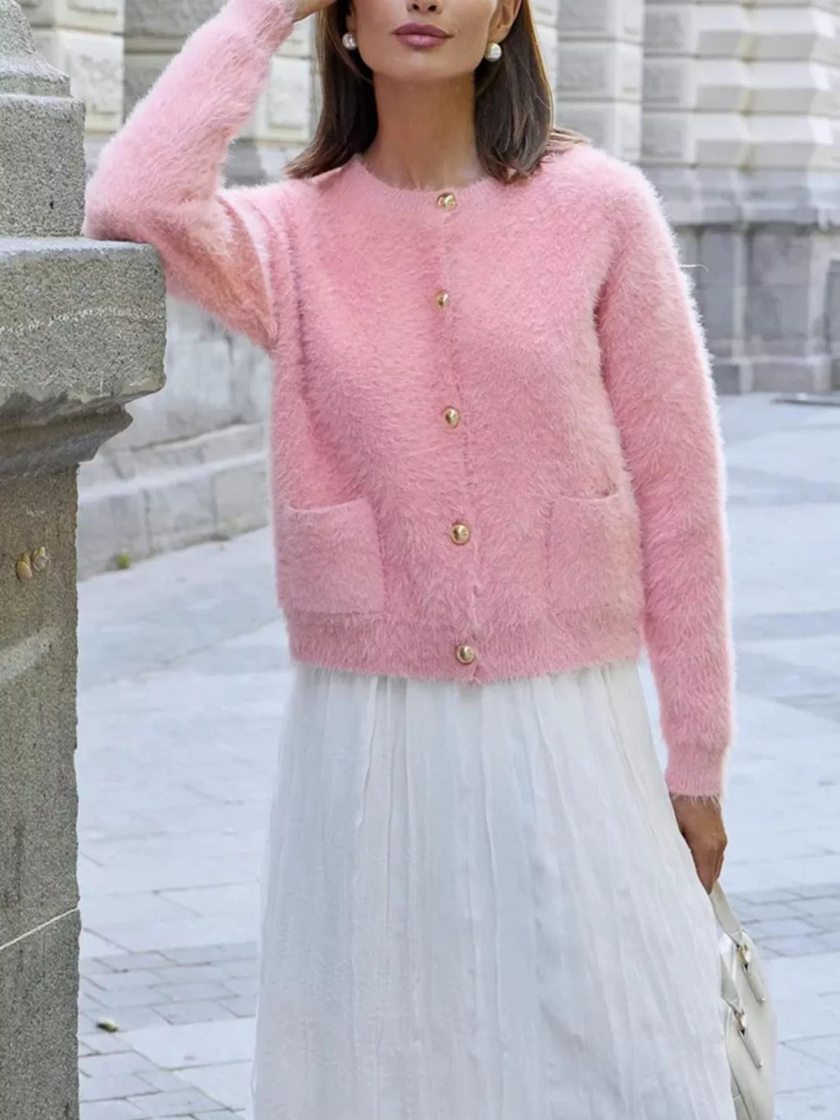 Fluffy Knit Button Up Cardigan