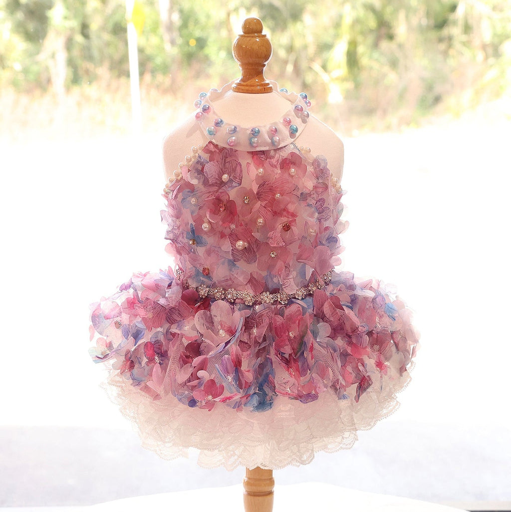 Handmade Pastel Floral Dog Dress with Pearl Collar and Lace Tutu