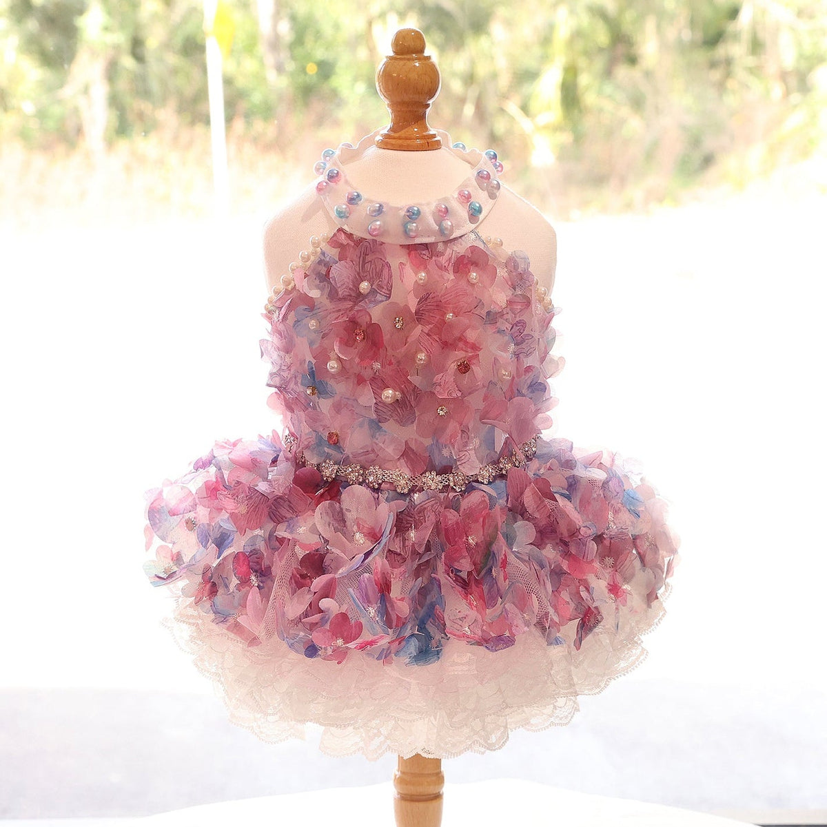 Handmade Pastel Floral Dog Dress with Pearl Collar and Lace Tutu