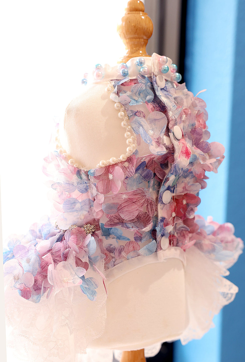 Handmade Pastel Floral Dog Dress with Pearl Collar and Lace Tutu