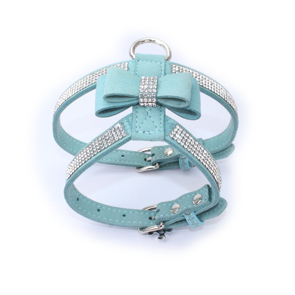 Suede Dog Harness & Leash Set – Rhinestone Bow, Soft & Elegant