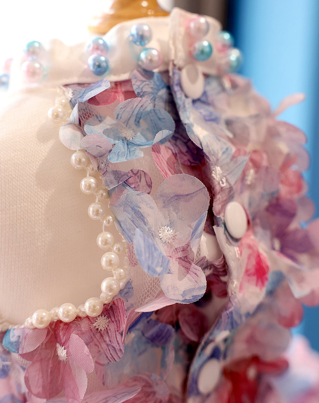 Handmade Pastel Floral Dog Dress with Pearl Collar and Lace Tutu