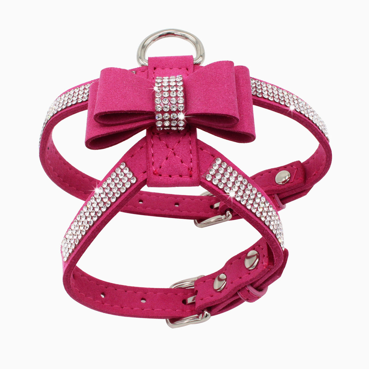 Suede Dog Harness & Leash Set – Rhinestone Bow, Soft & Elegant