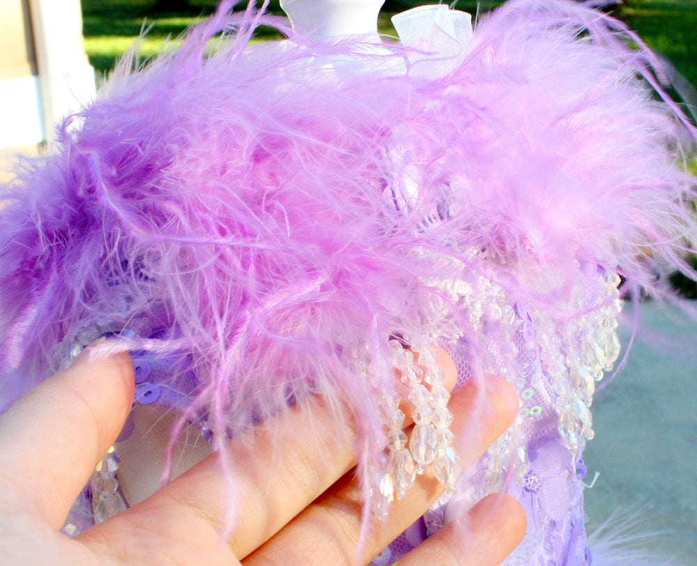 Luxury Lavender Feather Dog Wedding Gown with Crystal Details