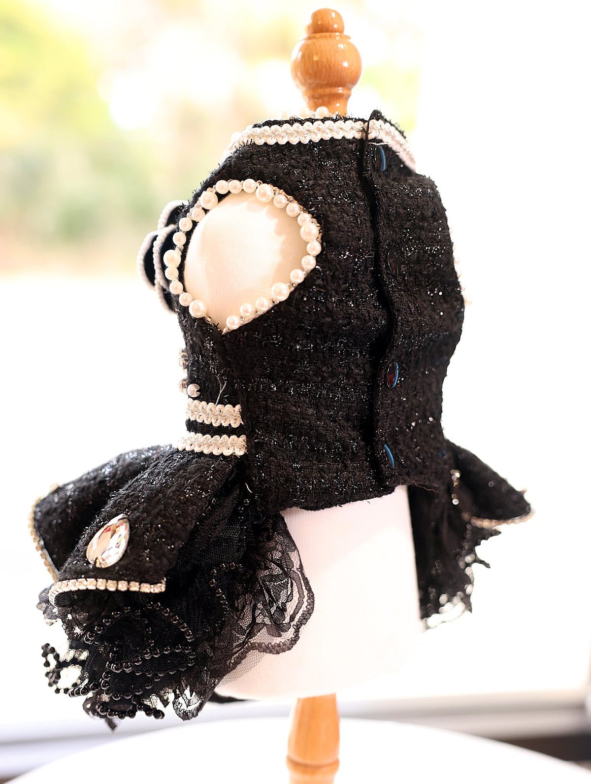 Black Tweed Pet Dress with Pearl Trim
