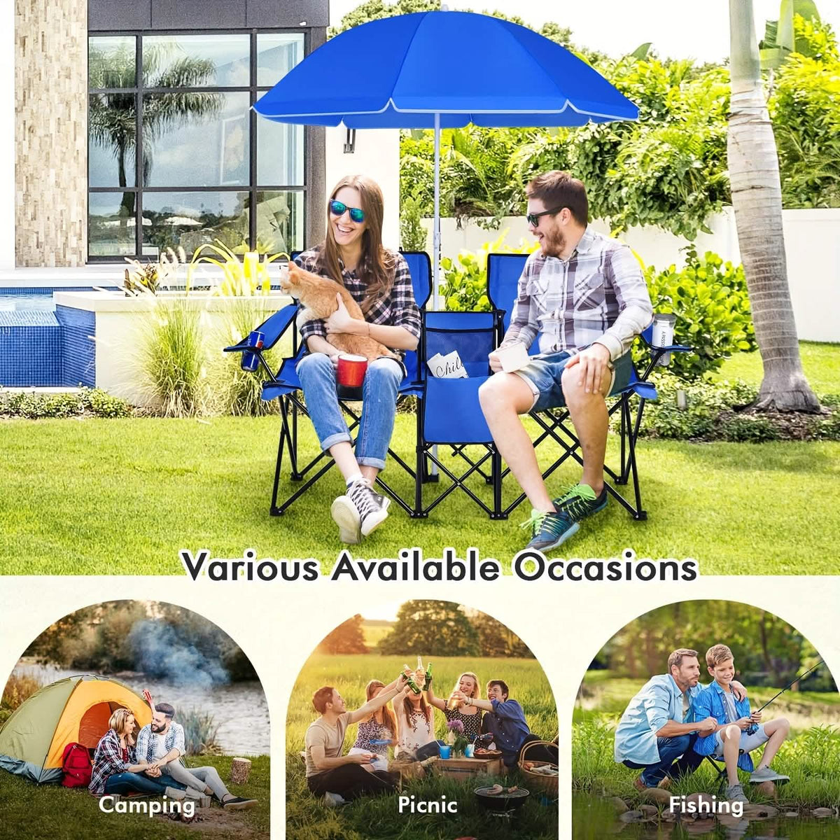 Folding Double Camping Chair with Umbrella (Blue)