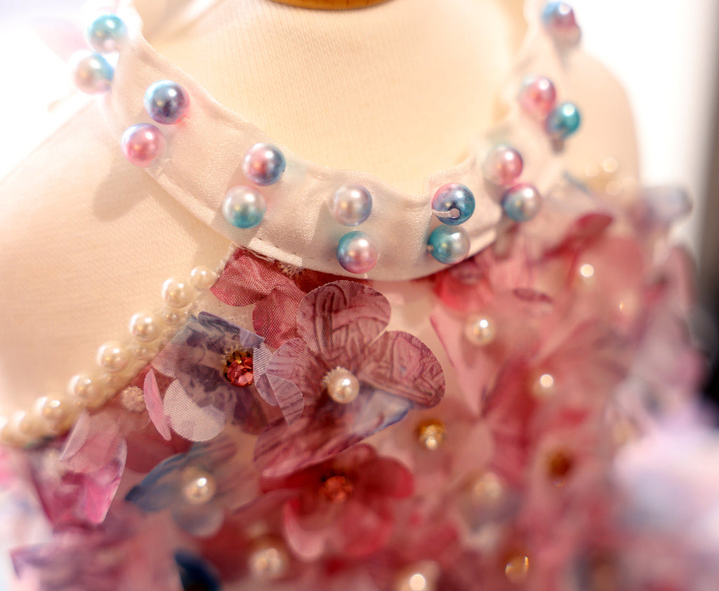 Handmade Pastel Floral Dog Dress with Pearl Collar and Lace Tutu