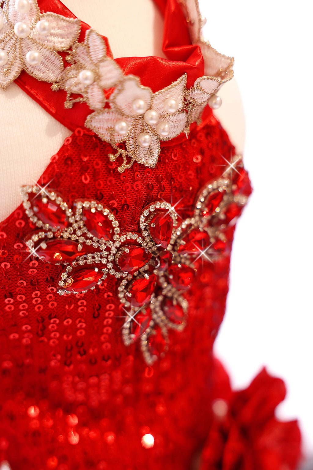 Red Sequin Dog Dress with Pearl Lace Details