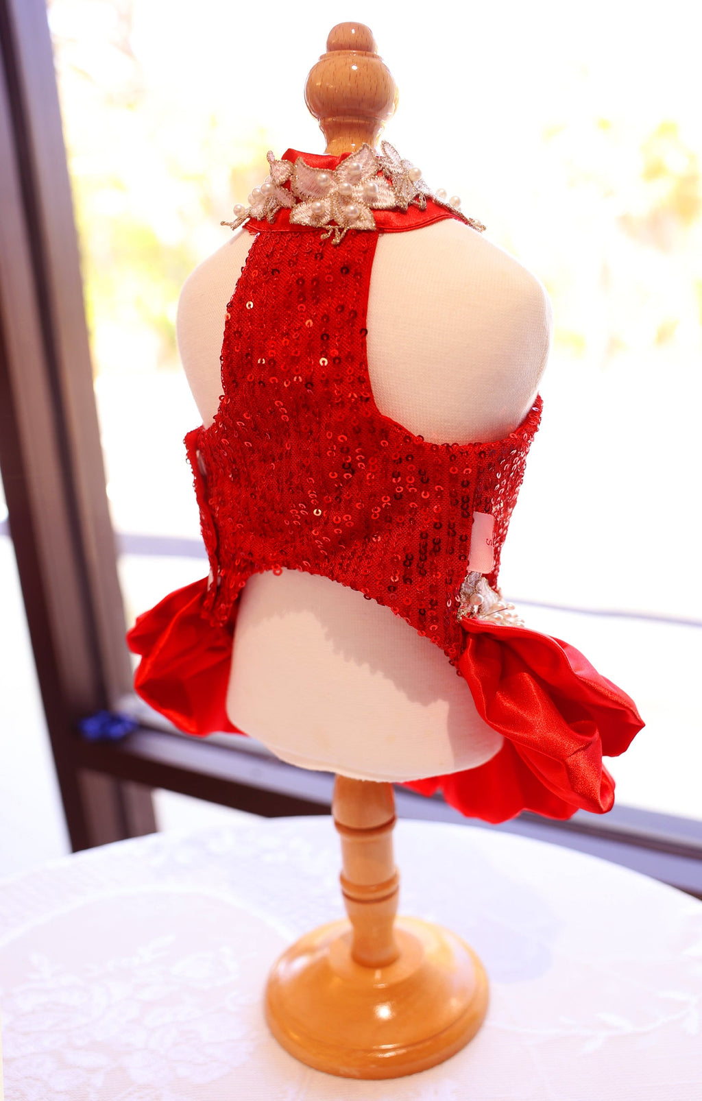 Red Sequin Dog Dress with Pearl Lace Details