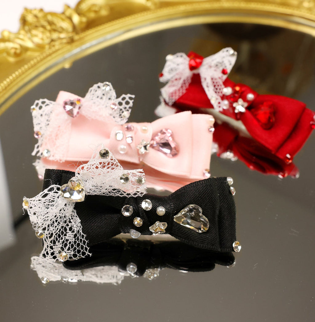 Lace Heart Rhinestone Pet Bow Hair Clip
