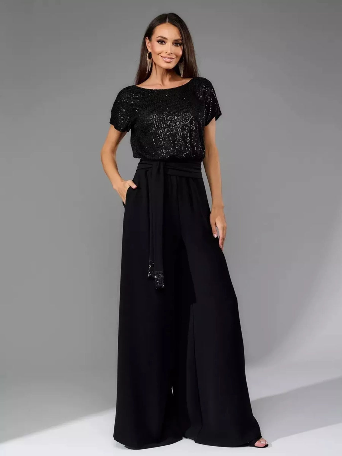 Full Size Sequin Short Sleeve Wide Leg Jumpsuit Plus Size