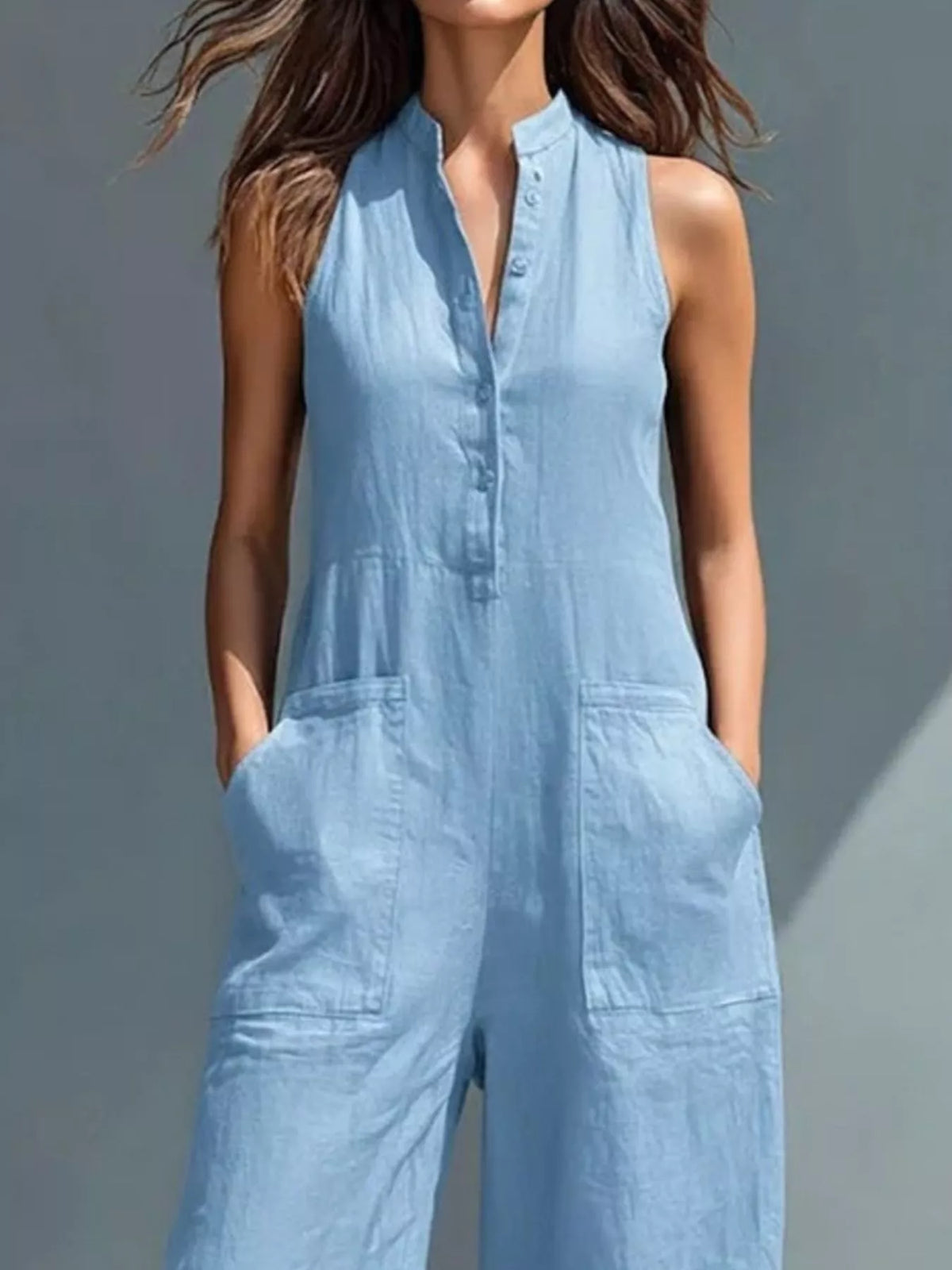 Full Size Button Front Sleeveless Jumpsuit Plus Size