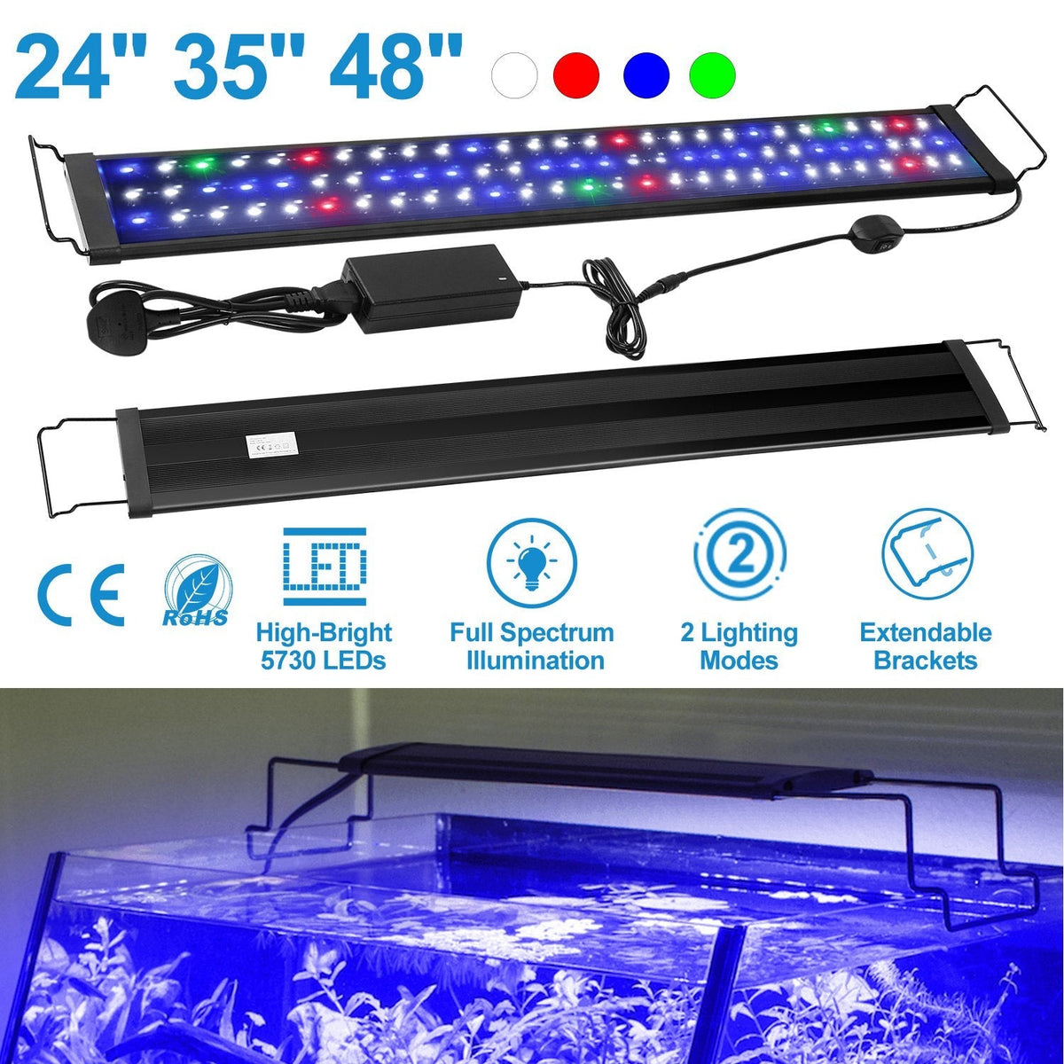 LED Aquarium Light – Multi-Color Full Spectrum with Extendable Brackets