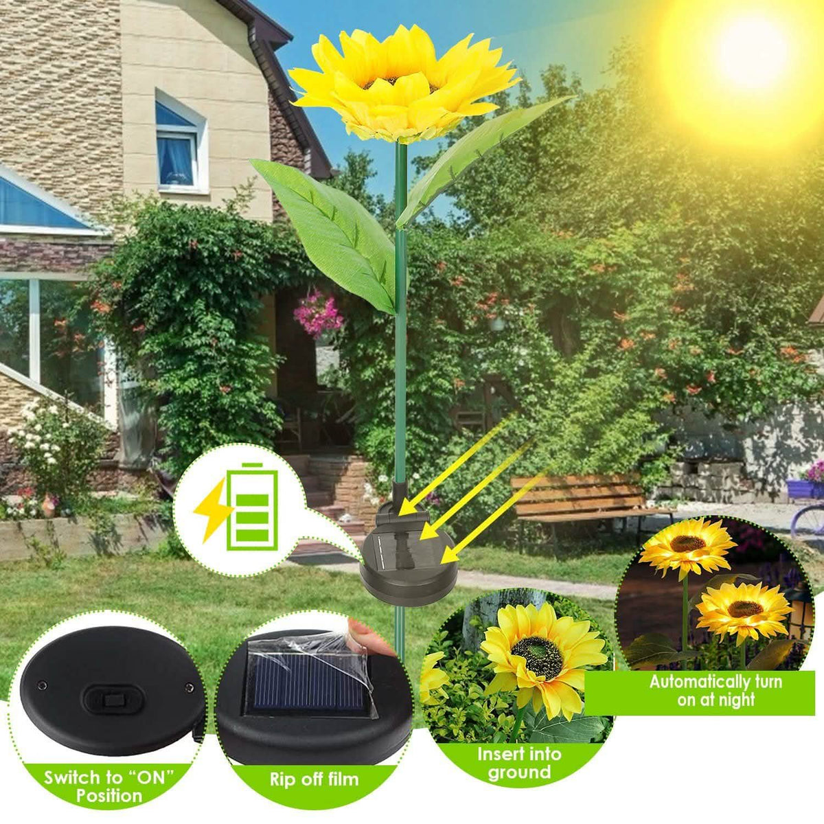 2-Pack: Solar Powered Sunflower Lights LED Decorative Stake Lamp