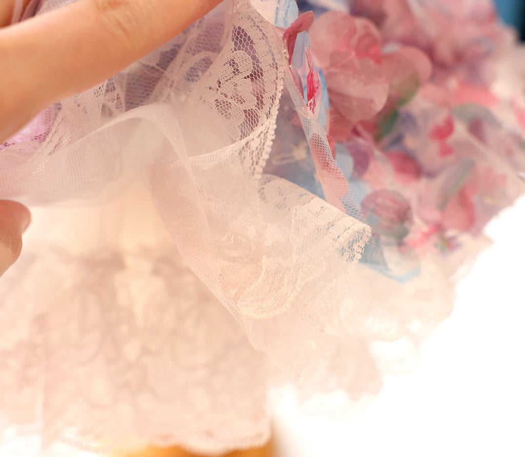 Handmade Pastel Floral Dog Dress with Pearl Collar and Lace Tutu