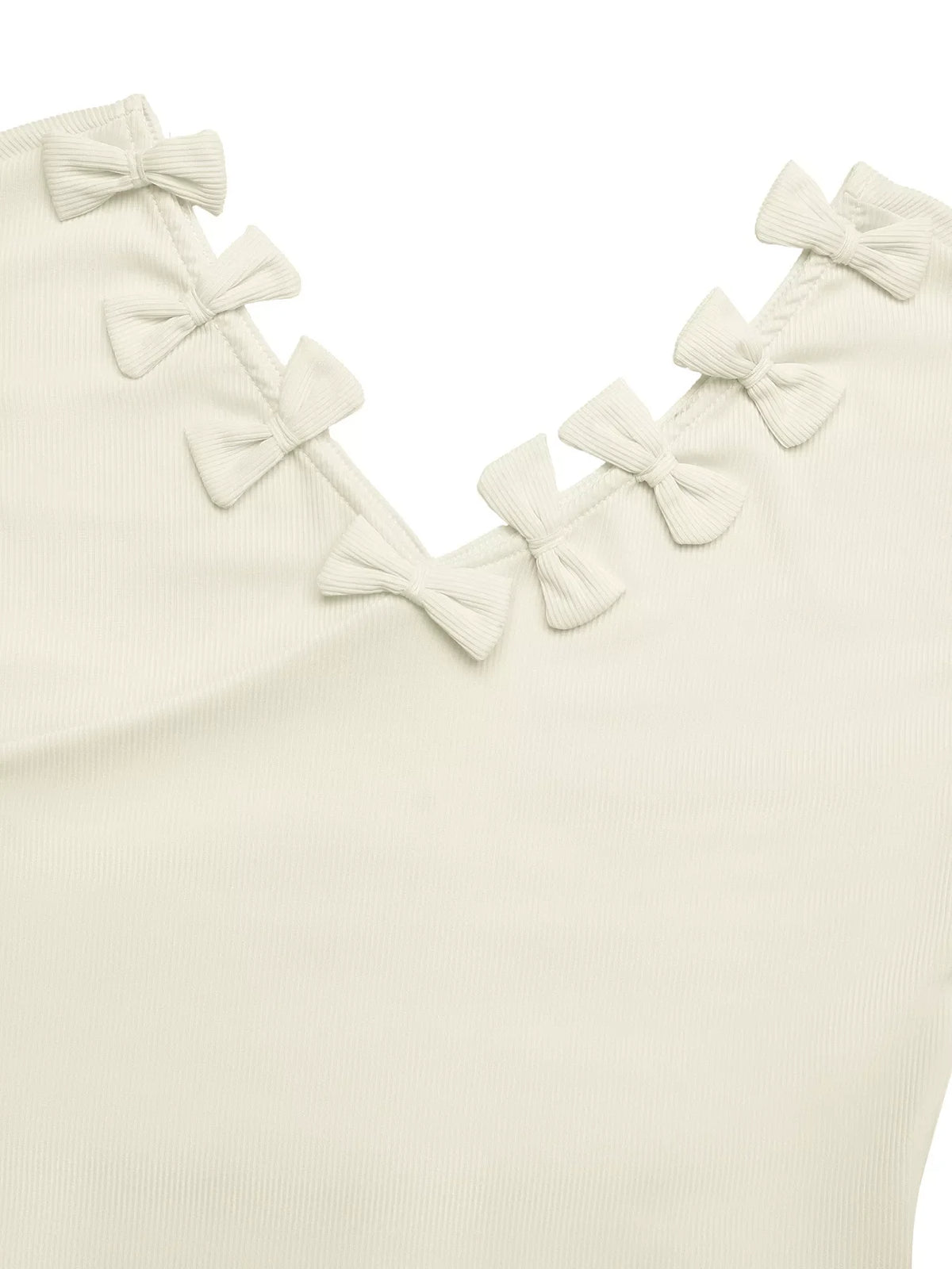 Ribbed Knit Bow Decor V-Neck T-Shirt
