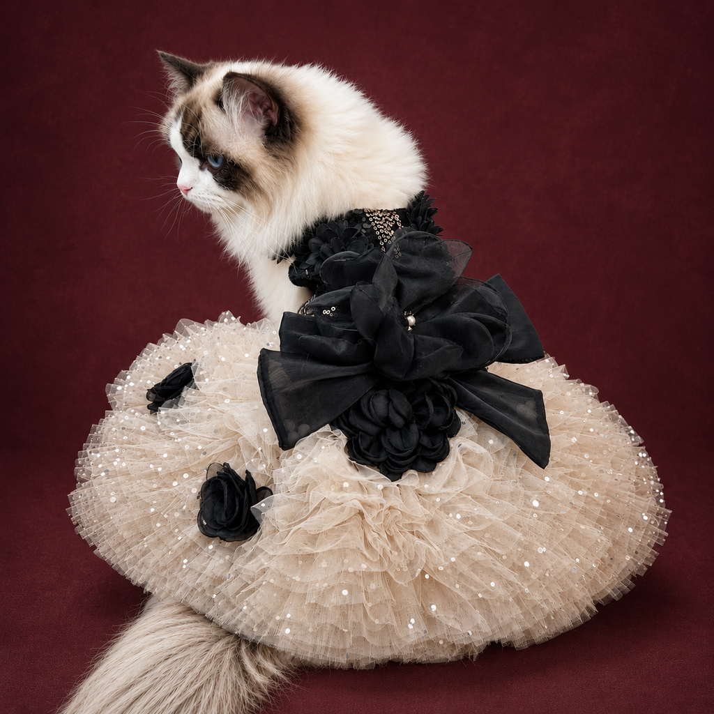 Luxury Black & Champagne Dog Gown with Detachable Train