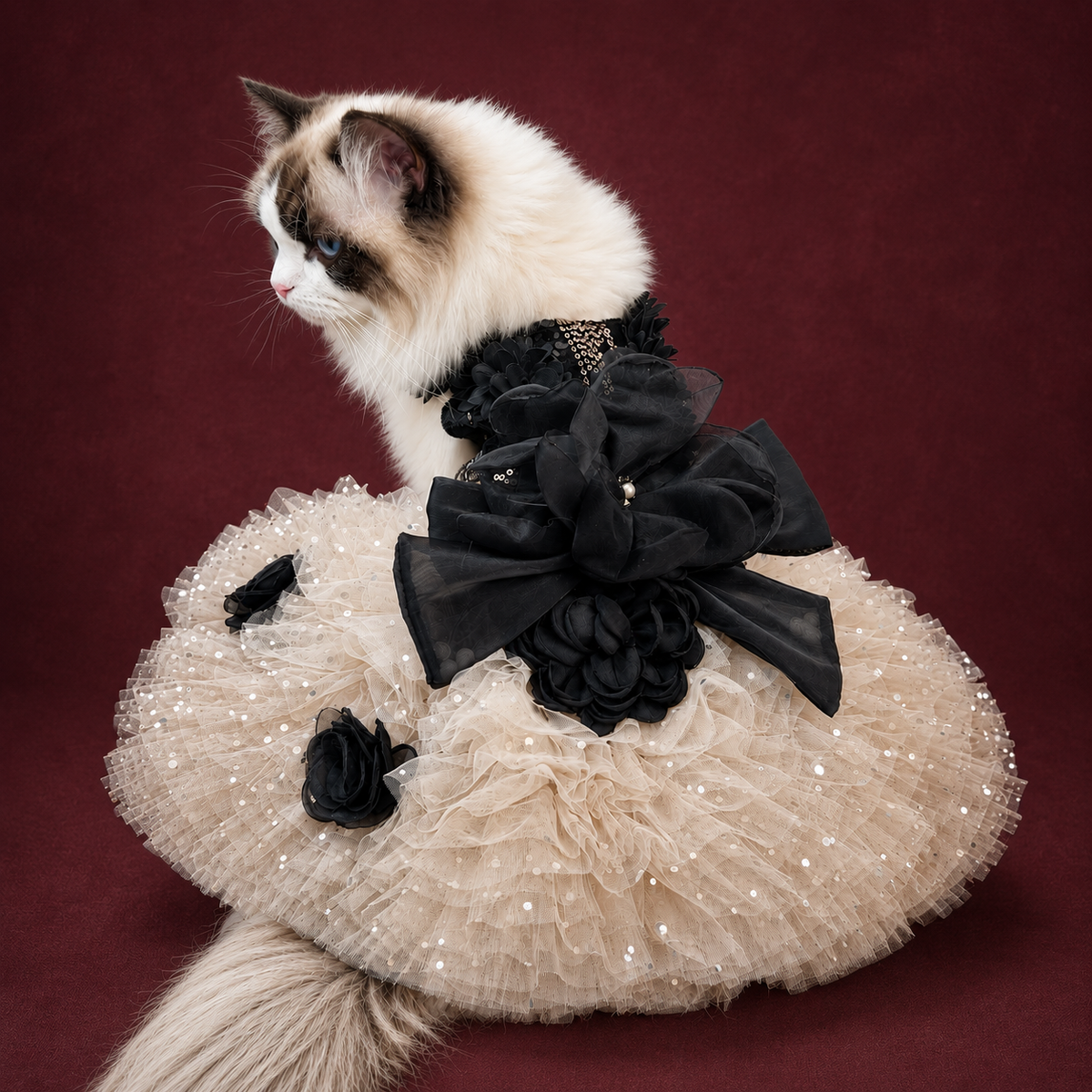 Luxury Black & Champagne Dog Gown with Detachable Train