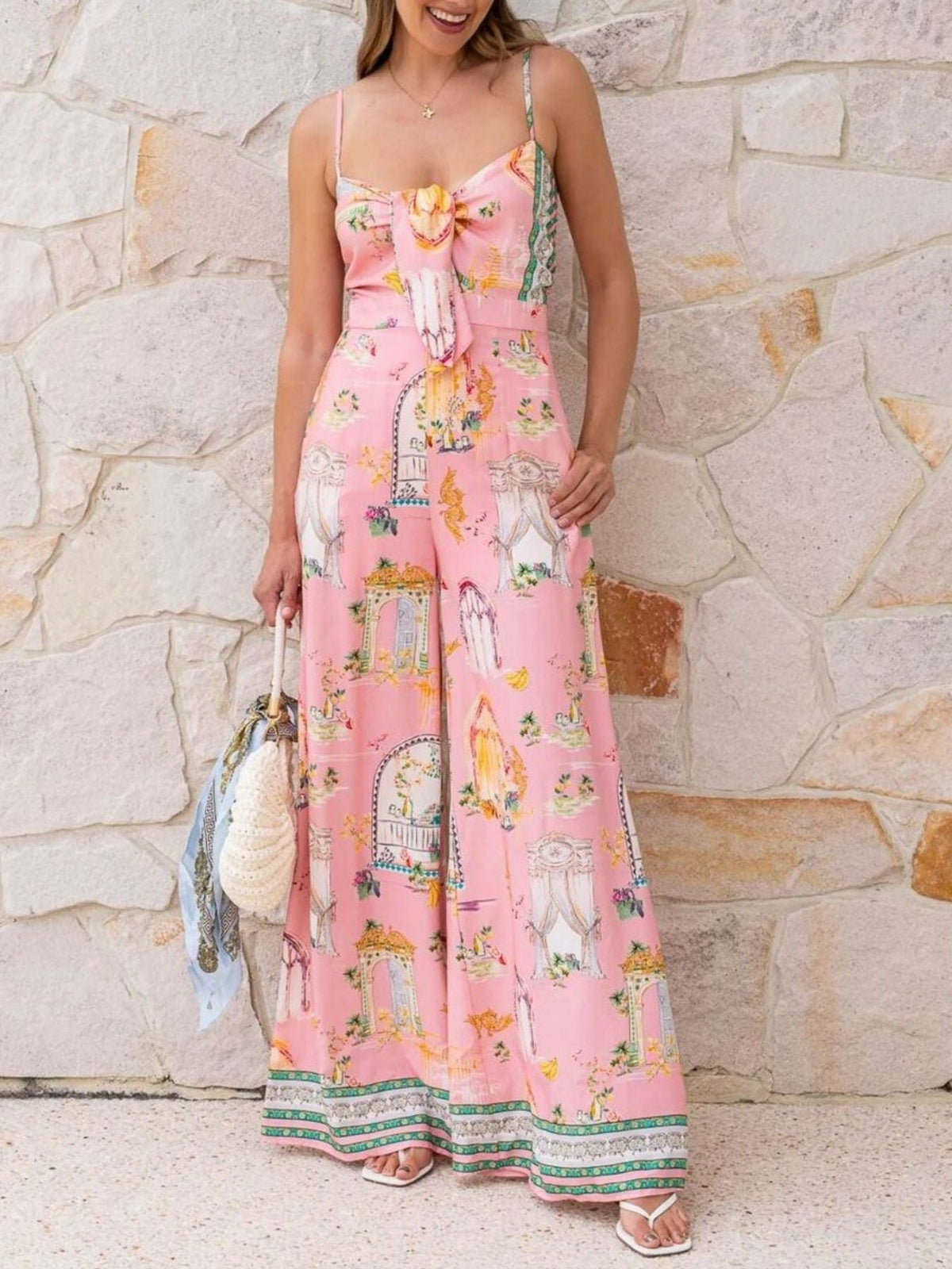 Printed Tie-Front Wide Leg Jumpsuit