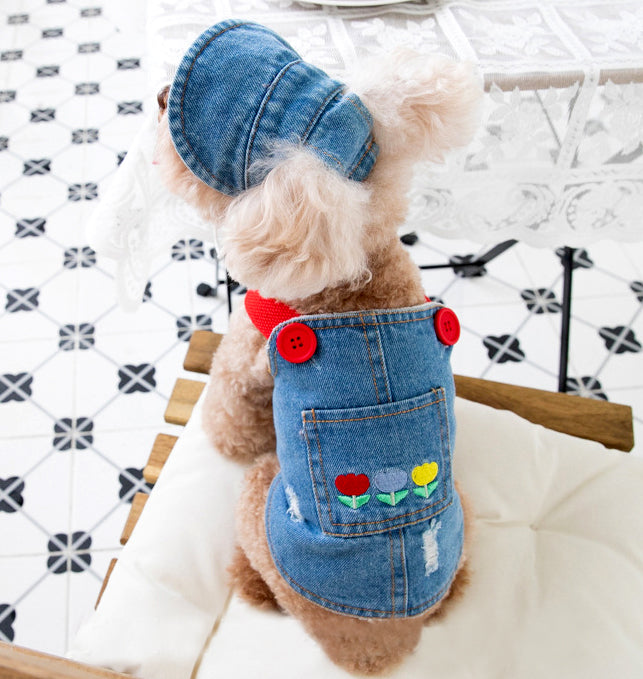 Denim Dog Overalls with Matching Hat
