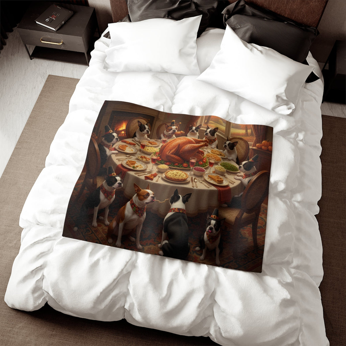 Boston Terrier Thanksgiving Dinner Blanket
