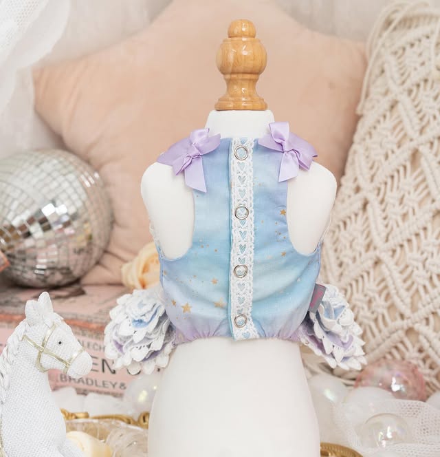 Luxury Layered Ruffle Dog Dress | Blue Princess Puppy Dress with Lace & Satin Bows