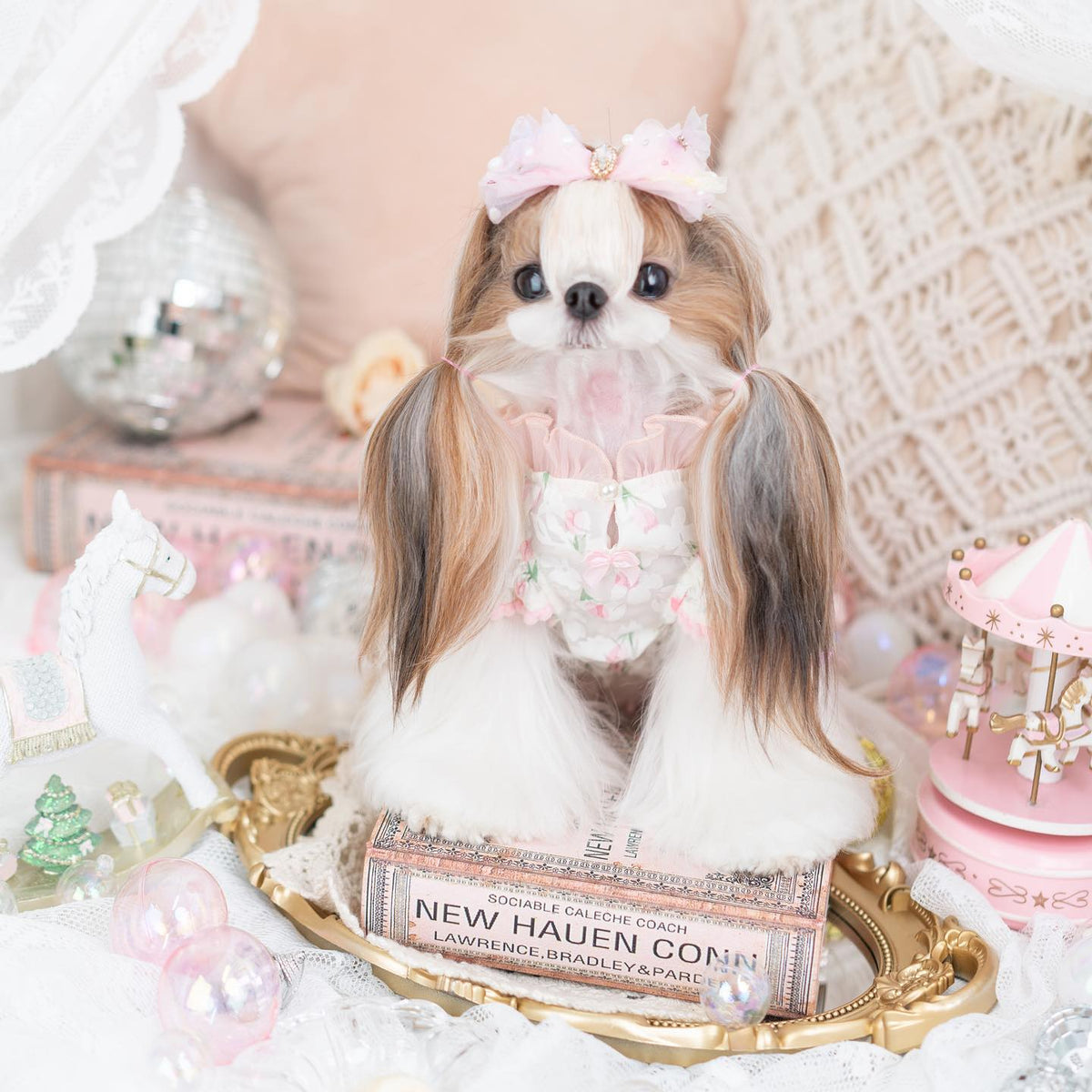 Princess Ruffle Dog Dress | Floral Puppy Party Dress with Pearl Bows