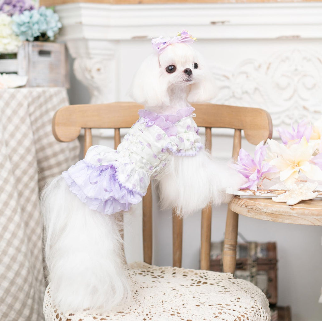 Princess Ruffle Dog Dress | Floral Puppy Party Dress with Pearl Bows