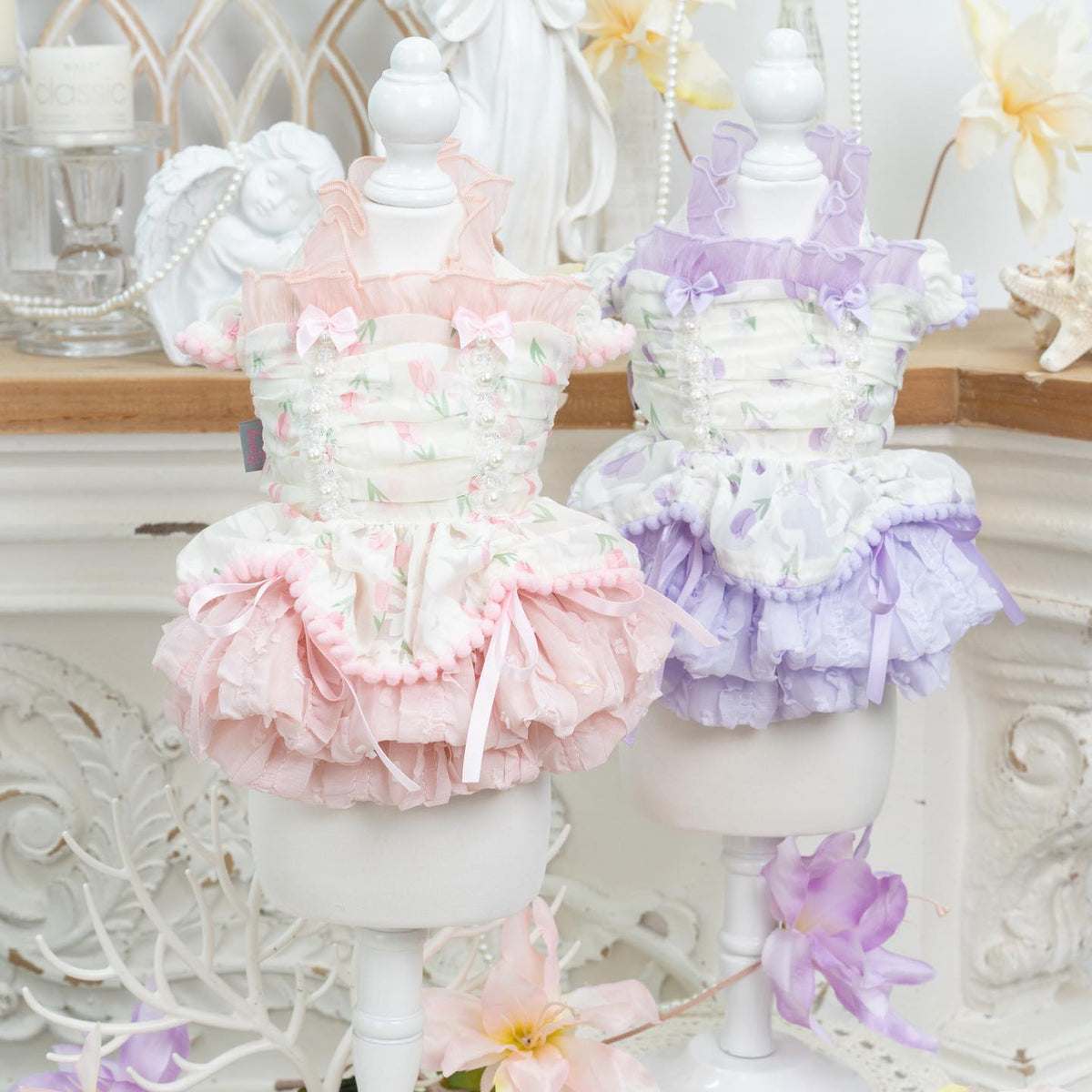 Princess Ruffle Dog Dress | Floral Puppy Party Dress with Pearl Bows