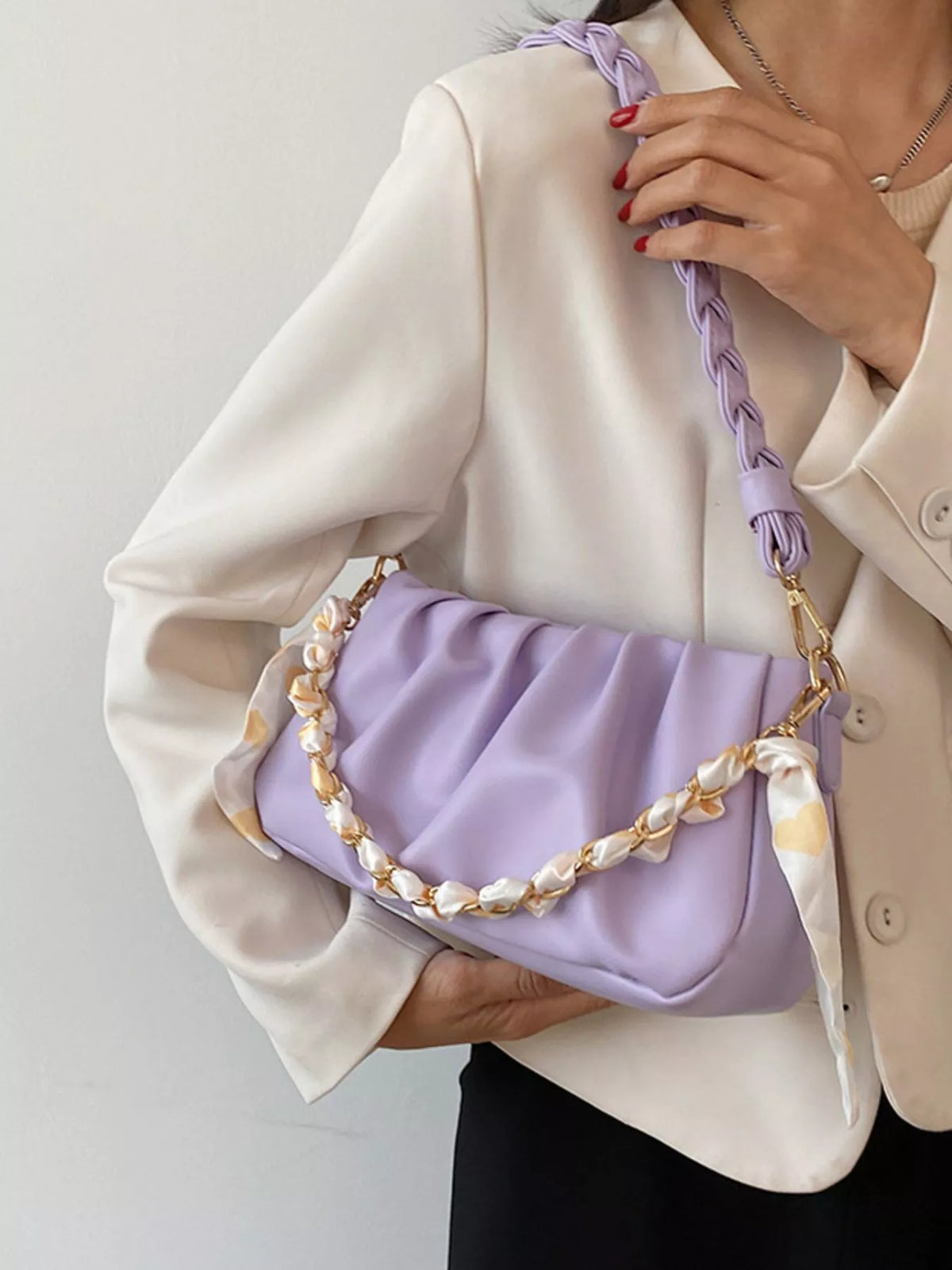 Ruched Braided Handle Shoulder Bag