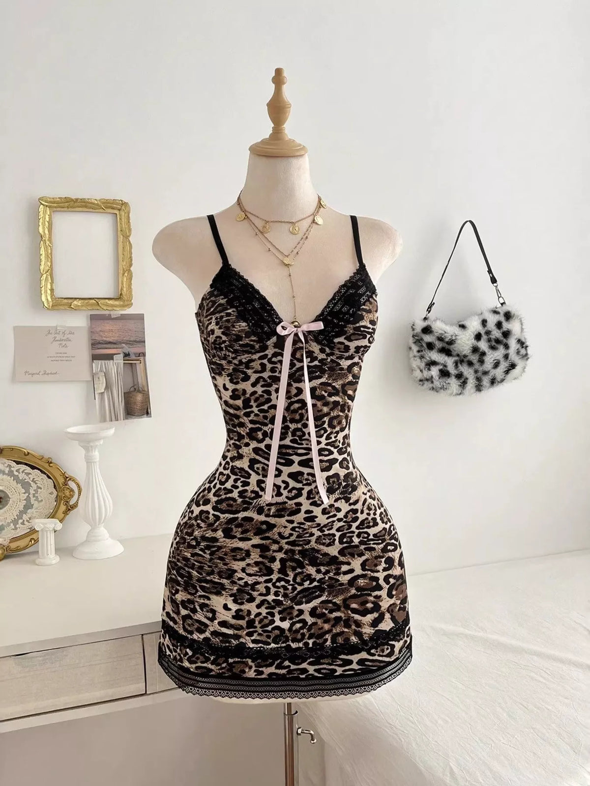 Leopard Print Lace Trim Mini Dress