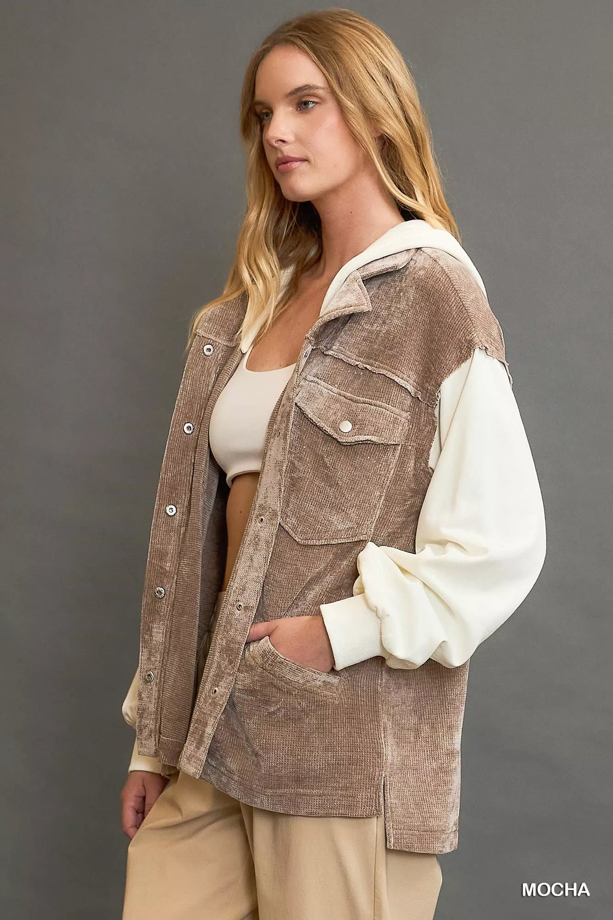 Umgee Contrast Hooded Chenille Jacket