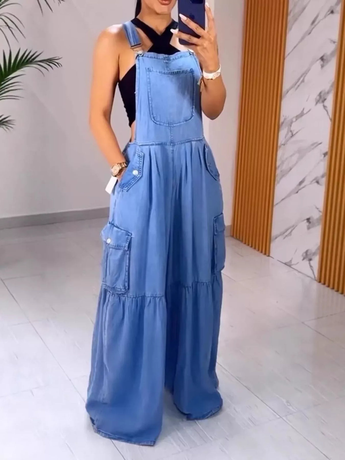 Full Size Pocketed Wide Leg Denim Overalls Plus Size