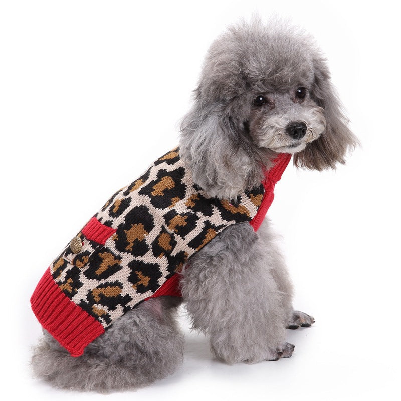Leopard Knit Pet Sweater with Red Turtleneck