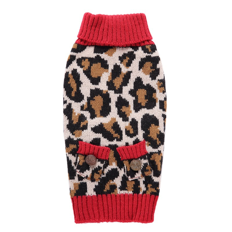 Leopard Knit Pet Sweater with Red Turtleneck