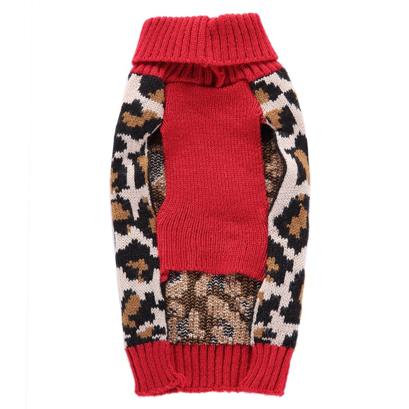 Leopard Knit Pet Sweater with Red Turtleneck