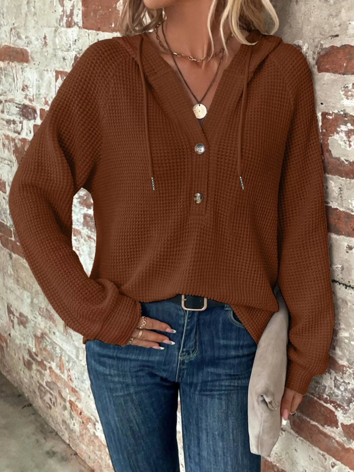 Waffle Knit Button Detail Hoodie