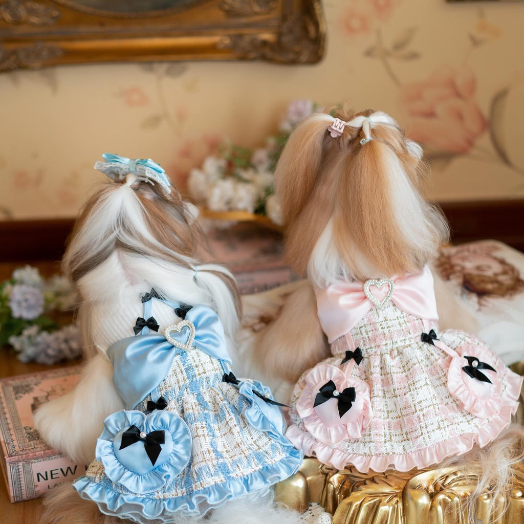 Luxury Tweed Dog Dress with Satin Bow | Designer Princess Puppy Dress for Small Dogs