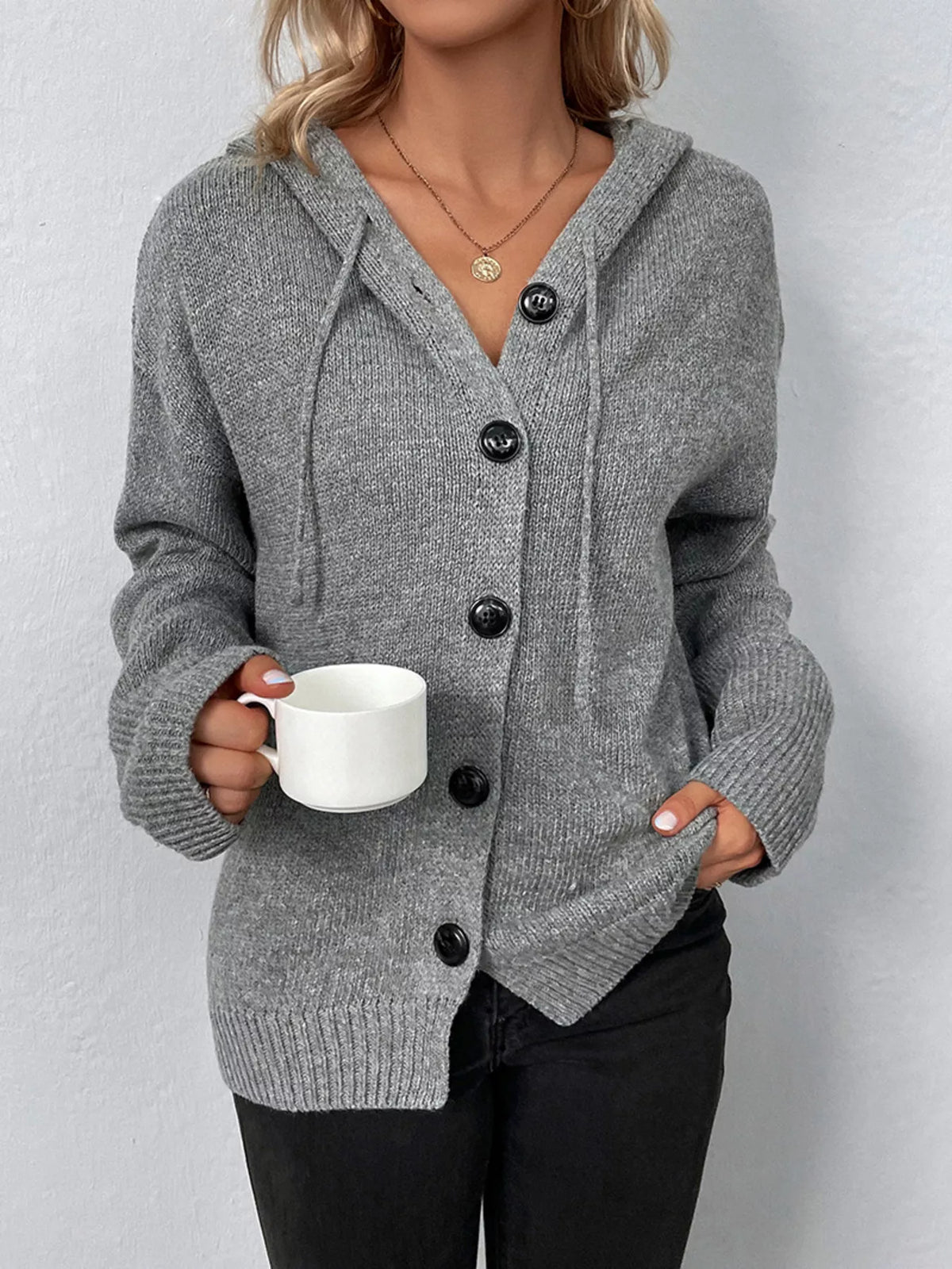 Full Size Cozy Knit Hooded Button-Down Cardigan Plus Size