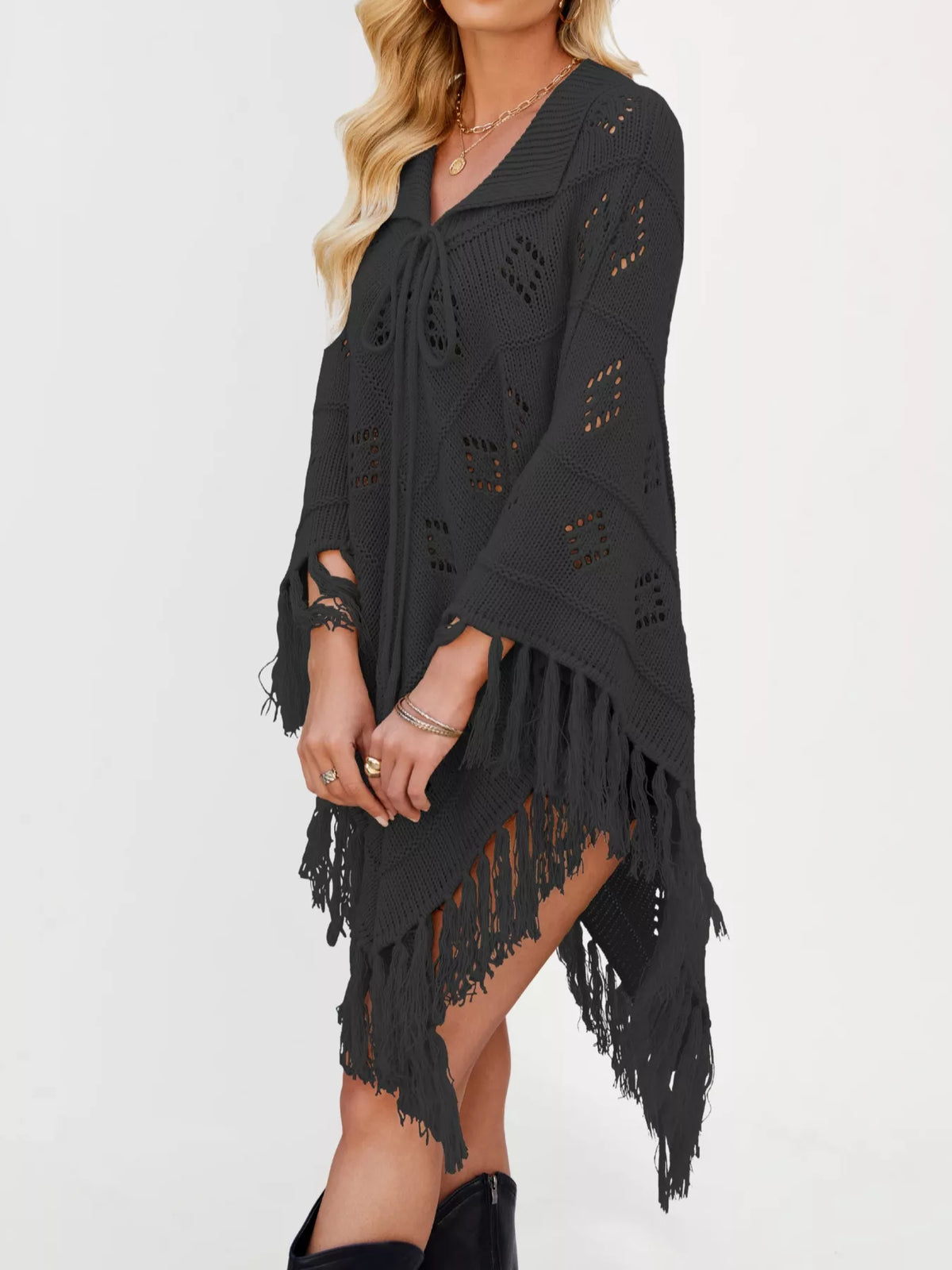 Fringe Openwork Knit Cover Up