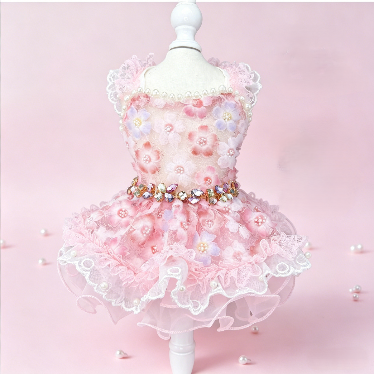 Pink Floral Dog Dress with Pearl Lace