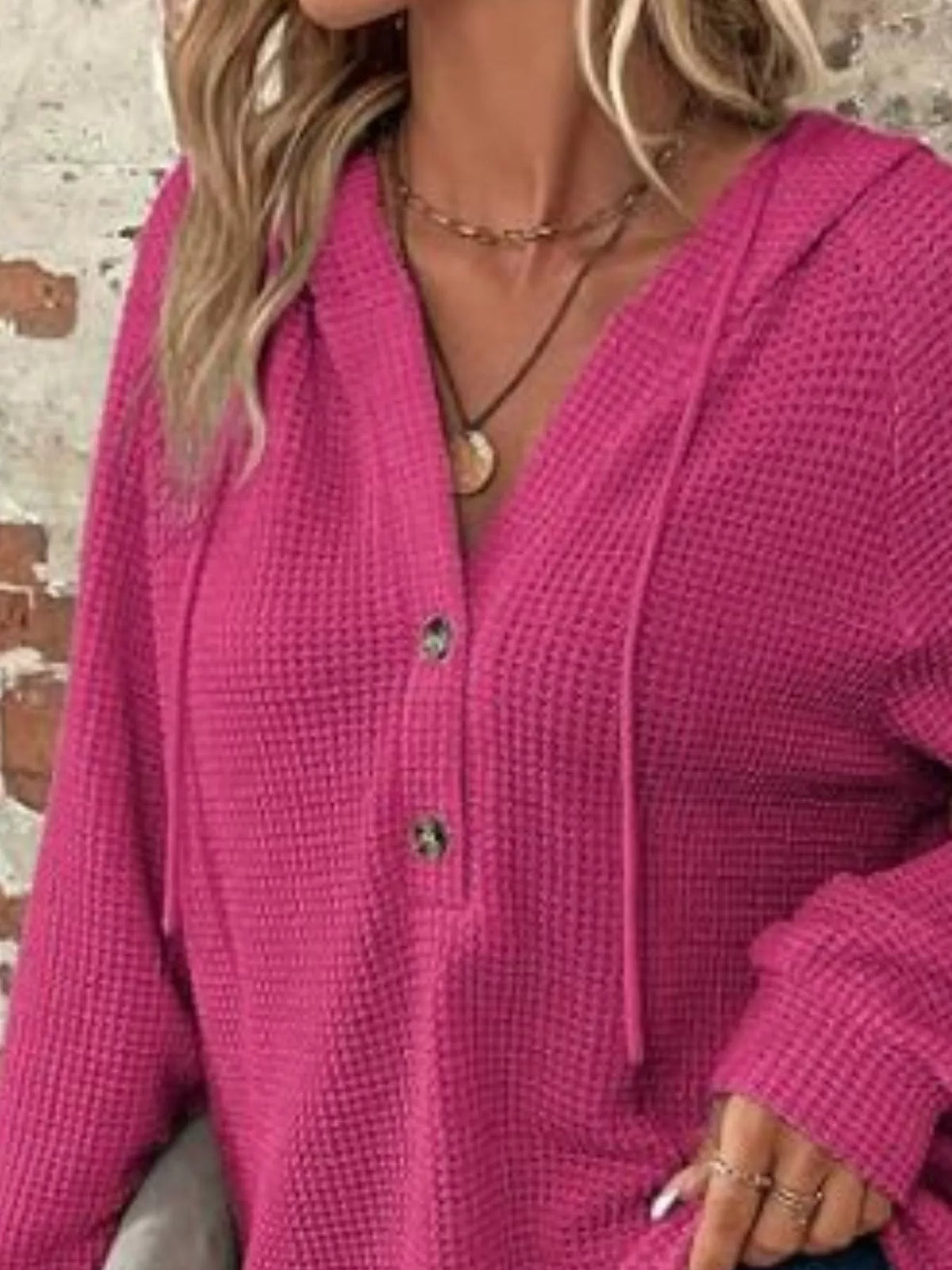 Waffle Knit Button Detail Hoodie