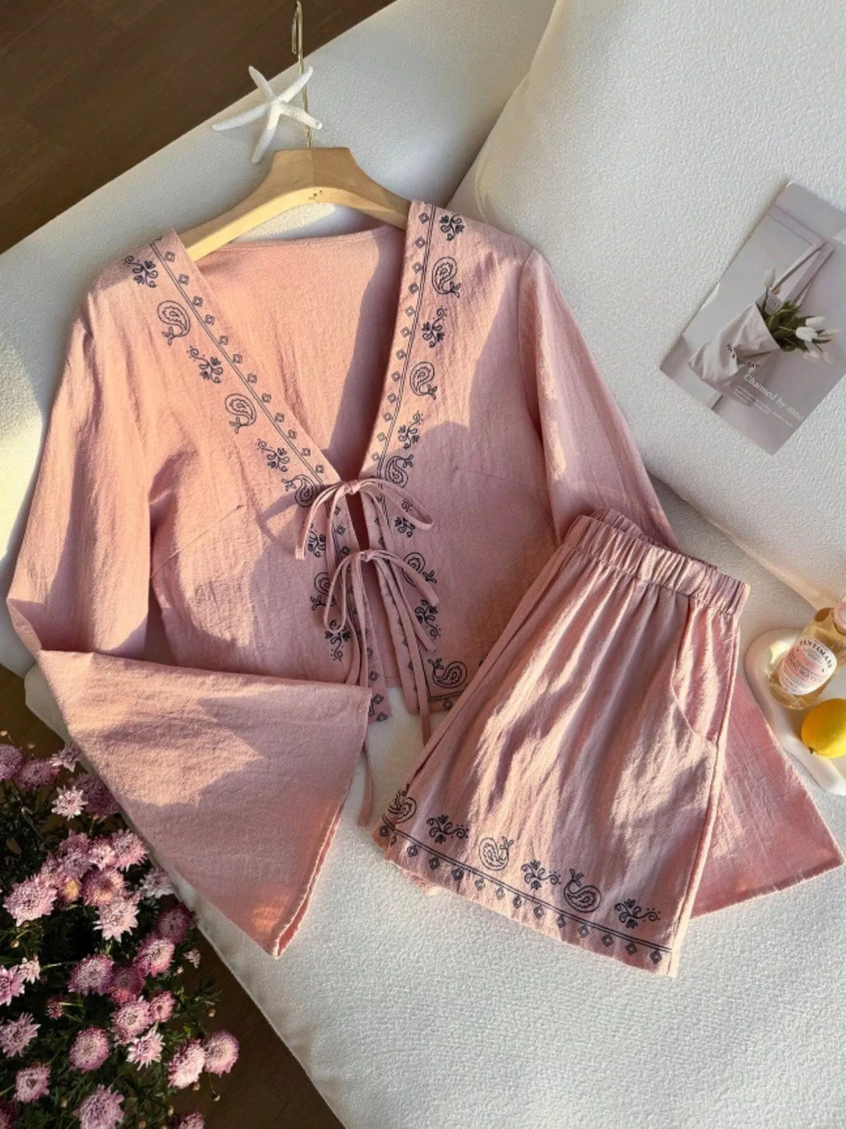 Embroidered Tie-Front Top & Shorts Set