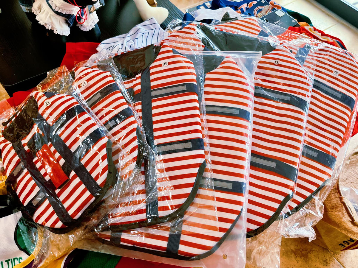 Red White Navy Dog Life Jacket with Handle