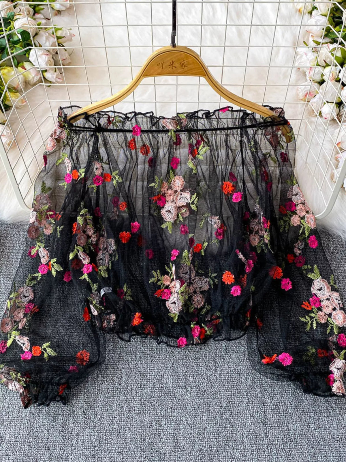 Floral Embroidered Mesh Off-Shoulder Top