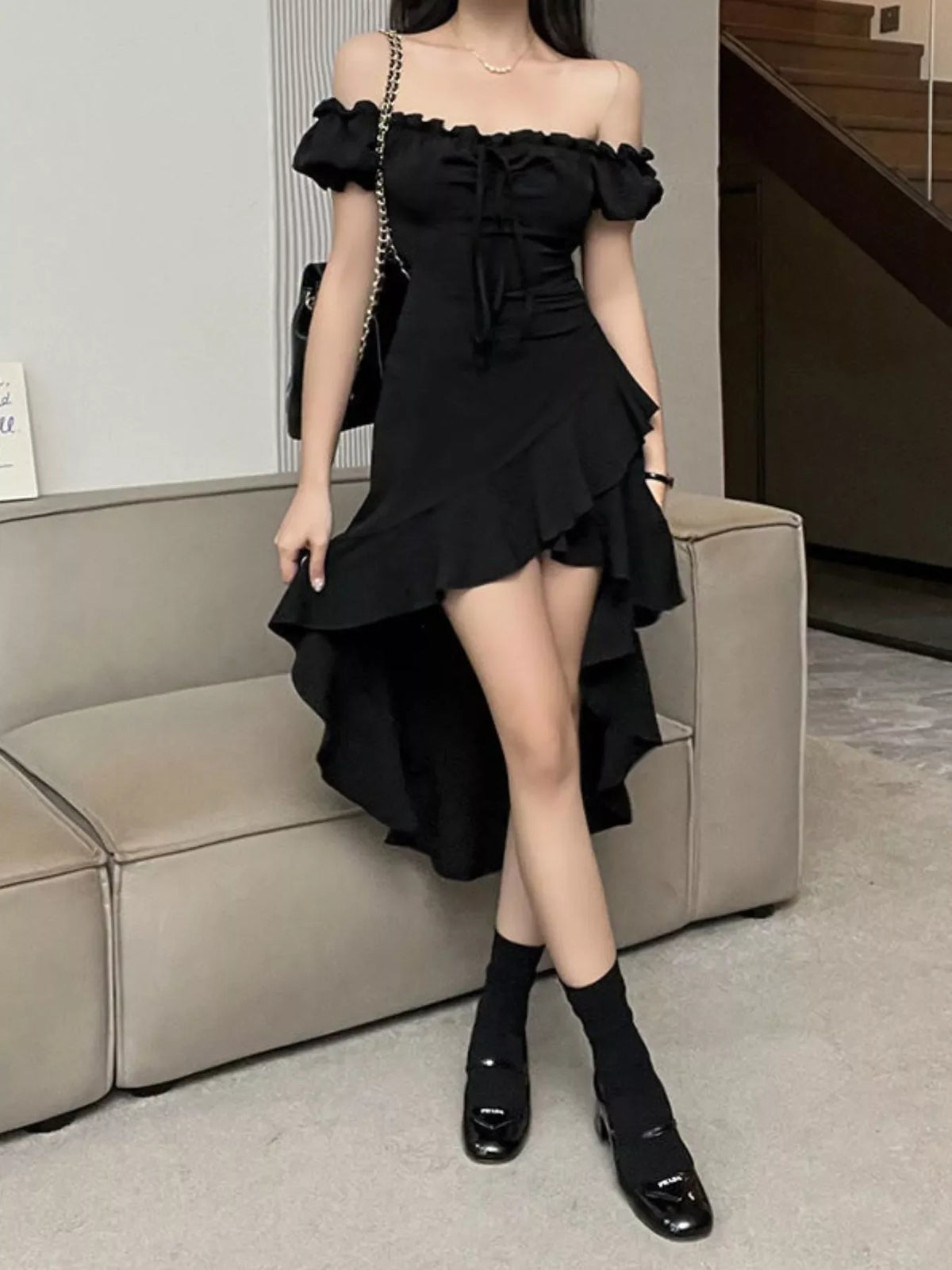 Off-Shoulder Ruffle Hem High-Low Dress