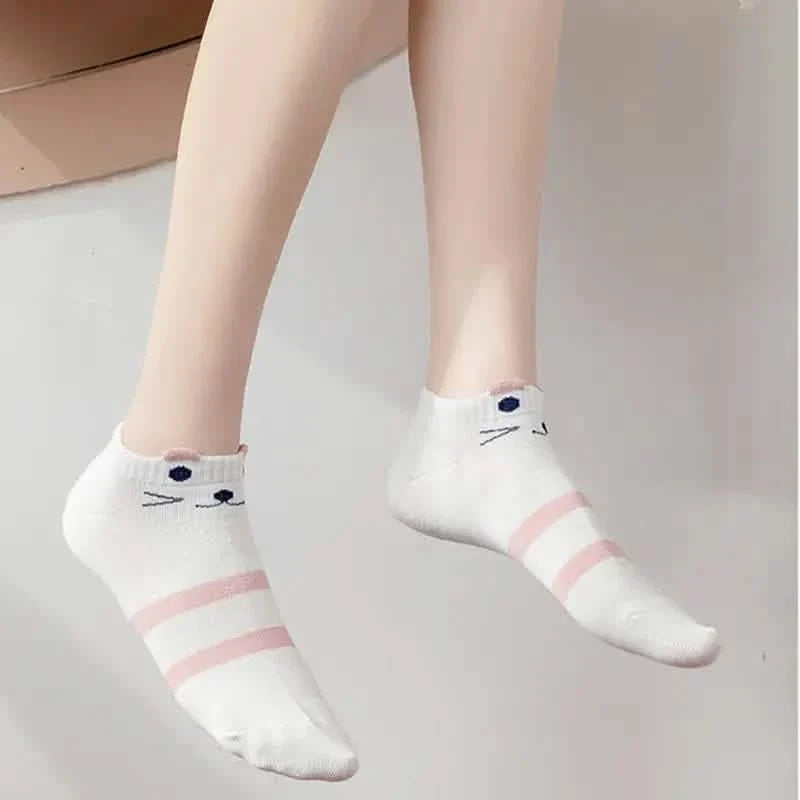 5-Pairs: Pink Kitty Crew Socks