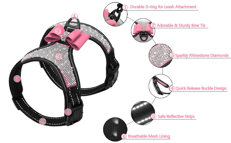Dog Harness + Leash Sets with Rhinestones – Sparkly Bowknot & Reflective Trim